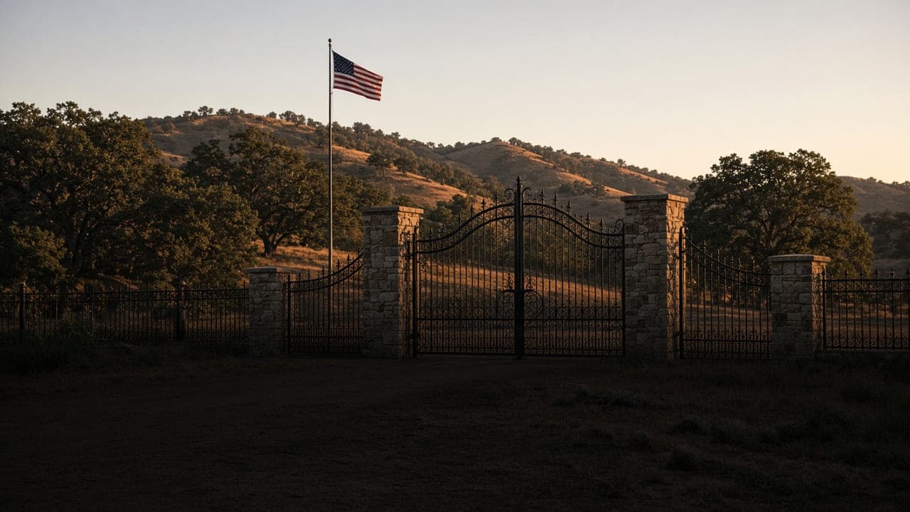 Iron ranch: iron ranch gate and an American flag