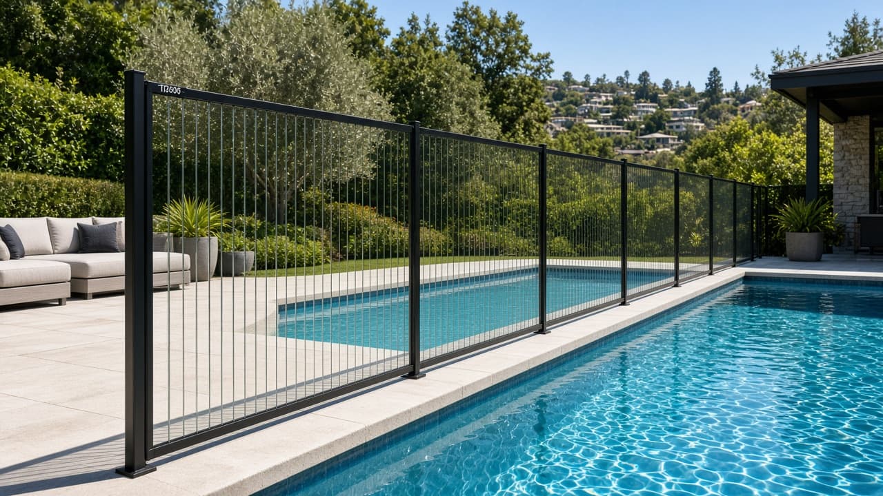 Pool fence: black metal fence beside a swimming pool