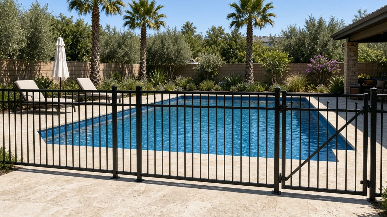 Iron pool fence: black iron picket fence around a swimming pool