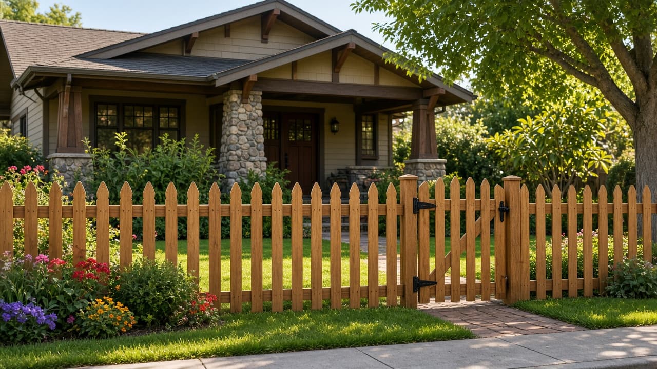 Wood picket: natural wood picket fence with pointed tops along a front lawn